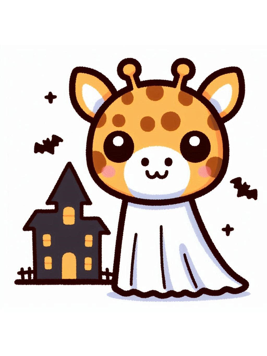 halloween cute animals drawings- image of a charming giraffe dressed as a ghost with a spooky haunted house and flying bats in the background.